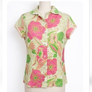 Richard Malcolm Floral Linen Button Down Top Pink Green M